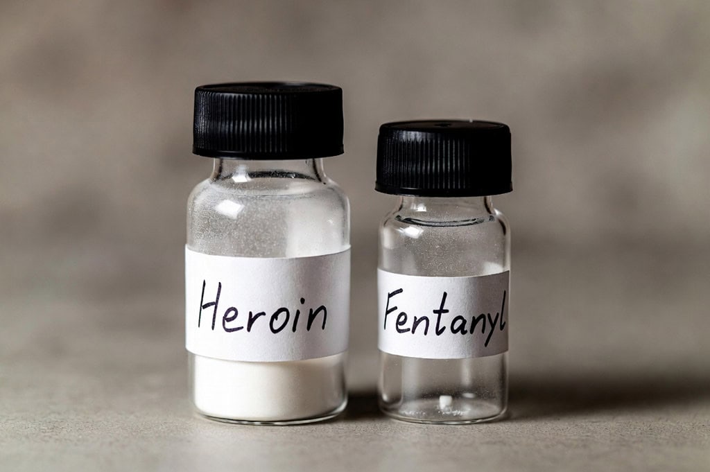 Two small glass vials with black caps on a neutral surface; the left vial labeled "Heroin" contains a larger amount of white powder, while the right vial labeled "Fentanyl" has a much smaller amount, illustrating the difference in potency and lethal doses.