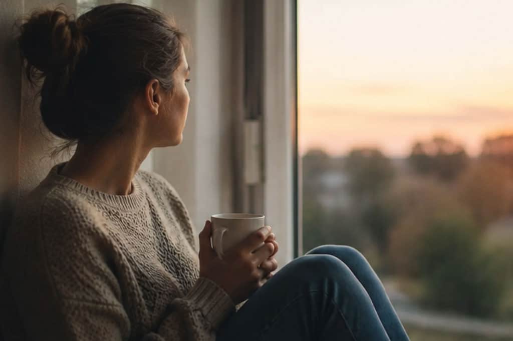 Woman in a cozy sweater holding a warm mug, sitting by a window at sunrise, in a quiet moment of reflection.