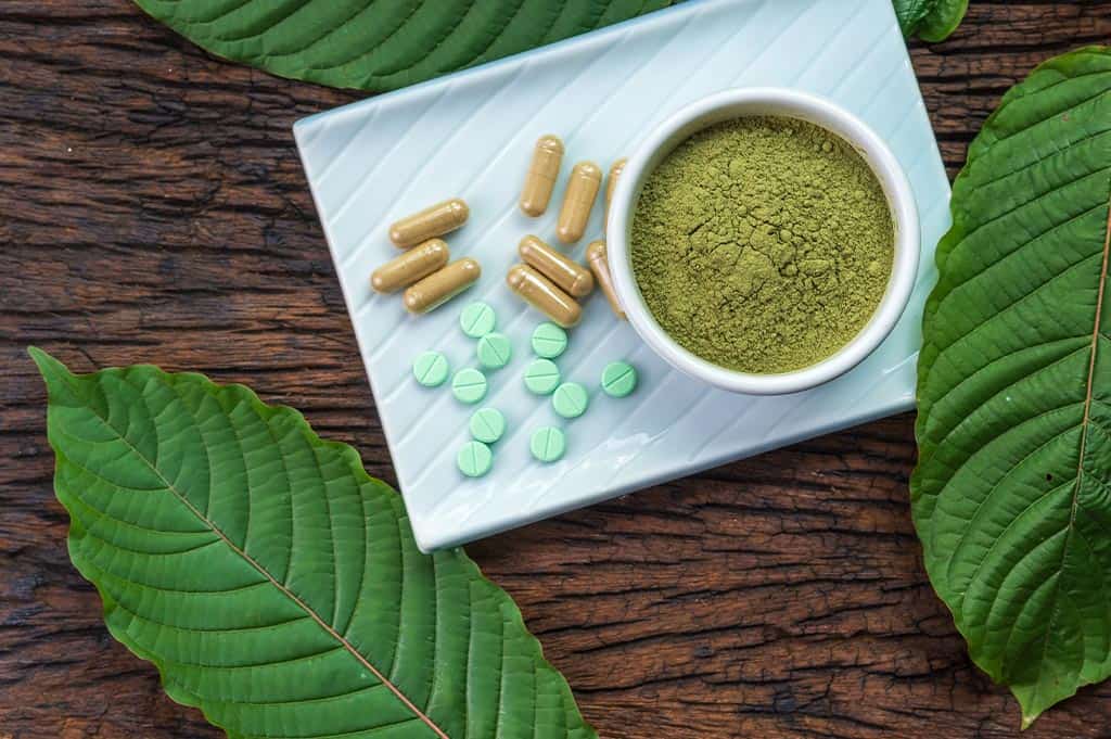 Kratom also known as 7-oh leaves next to a plate and bowl with Kratom powder, capsules, and hard pressed pills